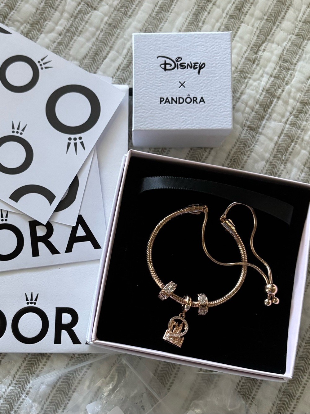 Disney Parks Pandora 14K Rose Gold Fantasyland Castle Dangle Charm Bracelet Set